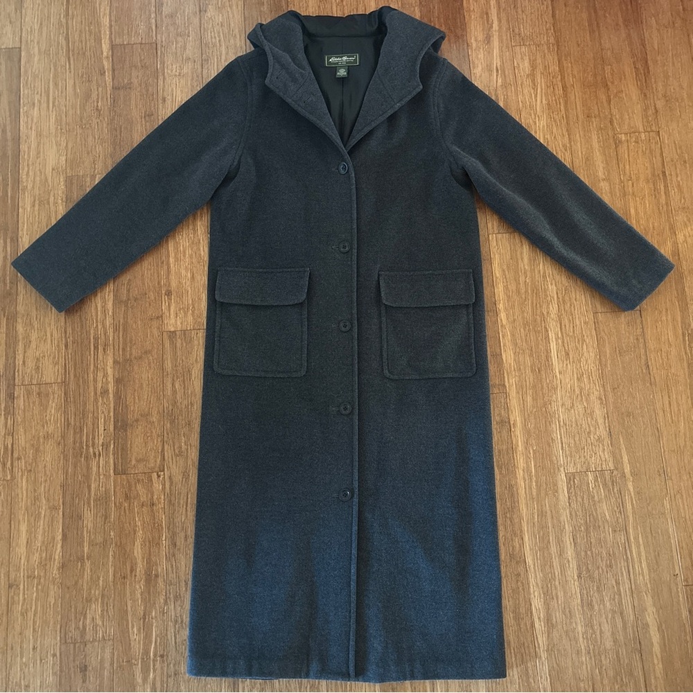 Eddie Bauer Women’s Medium Charcoal Gray Wool-Blend Hooded Full-Length Overcoat